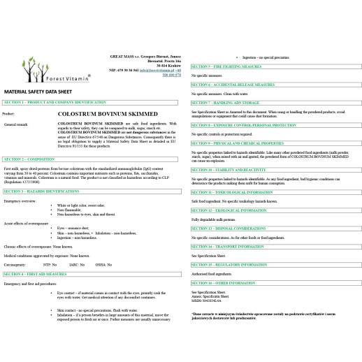 Forest Vitamin®  Kolostrum Wołowe IgG 40% 280mg  100 Kapsułek