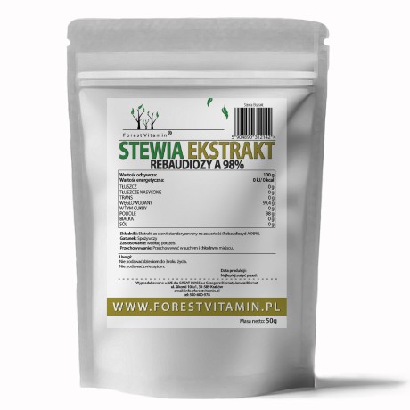 Przejdź do produktu Forest Vitamin® Stewia (Ekstrakt Rebaudiozydów A 98%) - 50 gramów w Proszku